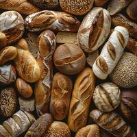 a bunch of different types of bread on a table photo