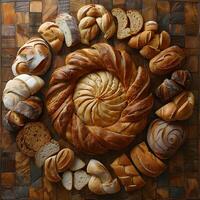 a bunch of different types of bread are arranged in a circle photo