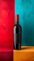 Red wine bottle on yellow cube with red and blue backdrop photo