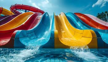 Water park with vibrant slides, pool, and lively atmosphere for fun and leisure photo