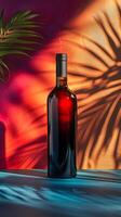 Glass bottle of red wine by a palm tree on a table photo