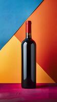 A glass bottle of red wine on a table against a colorful backdrop photo