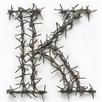The letter K is depicted as a twig wrapped in barbed wire on a white background photo