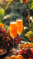 Two glasses of orange juice on a fruitfilled table photo