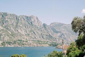 View over green tree branches and red roofs of houses on the sea with mountains in the background photo