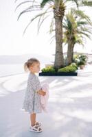 Little girl with a toy pink rabbit stands on the embankment near a palm tree and looks into the distance. Side view photo