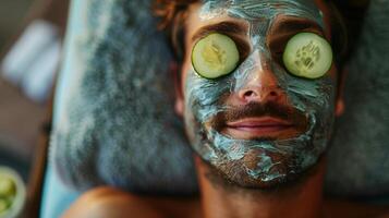 A man is enjoying a facial treatment with a blue mask applied to his face, while cucumber slices rest over his eyes for a soothing and refreshing experience in a serene setting. photo