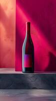 Glass bottle of violet liquid displayed on pink shelf photo