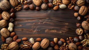 An assortment of nuts displayed in a rustic frame on a wooden surface photo