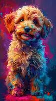 A toy Water dog with a magenta coat sitting on a table photo