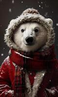 A polar bear in red outerwear stands in snowy terrain photo