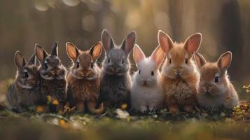 Rabbits with whiskers and fawn fur sit on grass in natural landscape photo