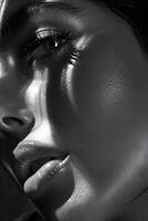 Closeup of a womans face showing emotion with a tear rolling down her cheek photo