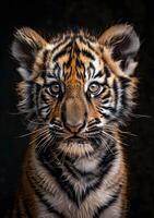 Close-Up Portrait of a Young Tiger Cub on Black Background photo