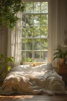 a bed is sitting in front of a window in a bedroom photo
