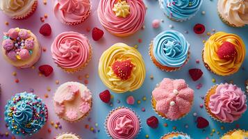 Colorful Assorted Cupcakes with Frosting and Sprinkles photo