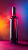 Glass bottle of red wine on table with colorful background photo