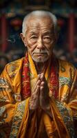 A man with a yellow robe prays, hands folded, happy moustache, in tranquil event photo