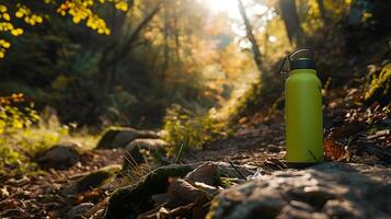 Yellow Water Bottle on Rocky Forest Path in Autumn photo