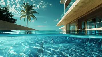 Azure sky, palm tree, and aqua swimming pool create a leisure oasis photo