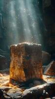 Ancient stone monolith with engraved symbols in sunlight photo