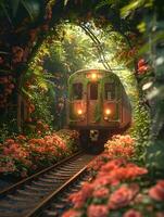 Train rolling through lush tunnel of flowers and trees on railway track photo