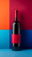Red wine in glass bottle with red label on colorful background photo