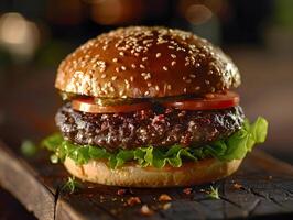 Hamburger recipe with lettuce, tomato, and pickles on a cutting board photo