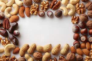 A circle of various nuts arranged on a white surface photo