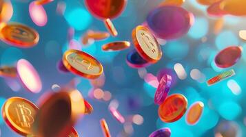 Colorful Cryptocurrency Coins Falling in Digital Abstract Background photo