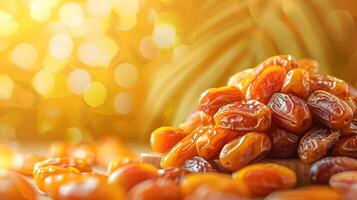 Heap of dried dates on table with palm tree background, natural food ingredient photo