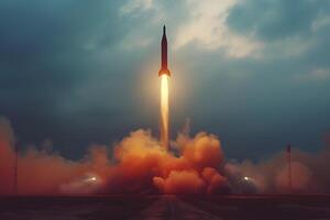 Rocket launches into sky releasing smoke, creating a cloudlike pollution event photo