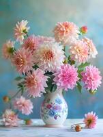 Pink flowers in a vase on a table make a lovely houseplant display photo