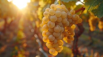 Clusters of white seedless grapes dangle from a grapevine in the vineyard photo