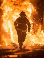 Fireman sprinting ahead of raging wildfire, engulfed in heat, smoke, and flames photo