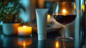 Dim lighting in a luxury hotel suite sets a relaxing mood with a candle, a glass of red wine, and a skincare product on a dark surface. photo