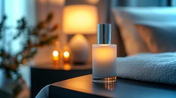 Soft ambient light enhances a nightly skincare routine, showcasing products arranged thoughtfully on a bedside table. photo