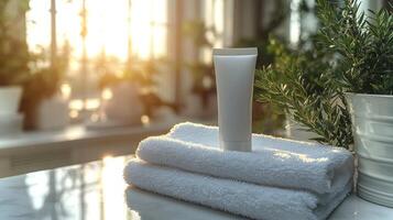 Sunlight filters through glass, illuminating a clean countertop holding a white tube and a rolled towel, creating an inviting and serene beauty atmosphere. photo