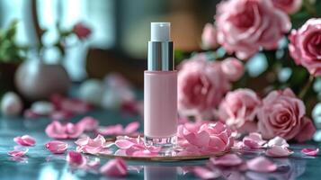 A white tube of cosmetic product stands elegantly surrounded by soft pink rose petals, creating a serene and luxurious atmosphere in a softly lit setting. photo