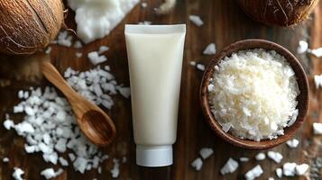 A white tube is placed on a wooden table alongside a bowl of coarse salt and coconut, highlighting an inspiring DIY beauty project with natural elements. photo