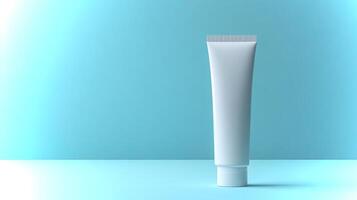 A sleek, white tube stands alone on a smooth surface, emphasizing its pharmaceutical qualities against a calming blue background, highlighting modern branding. photo