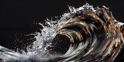 Abstract liquid wave splashing in dark, creating dynamic impact photo