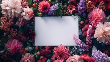 A white card sits amidst a colorful array of flowers and shrubs photo