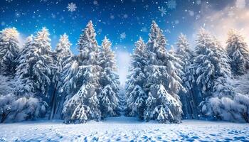 Snowcovered trees in a snowy forest with falling snowflakes under a blue sky photo