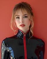 A woman in leather outerwear with a red zipper stands in front of a red wall photo