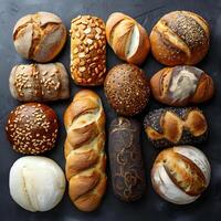 Various bread types displayed on table, a staple food in many cuisines photo