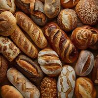 Assorted breads made from natural ingredients displayed on a table photo