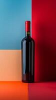 A red wine bottle rests on a vibrant table, adding a pop of color photo