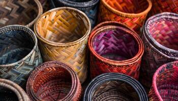 Creative arts meet natural materials in a stack of colorful wicker baskets photo