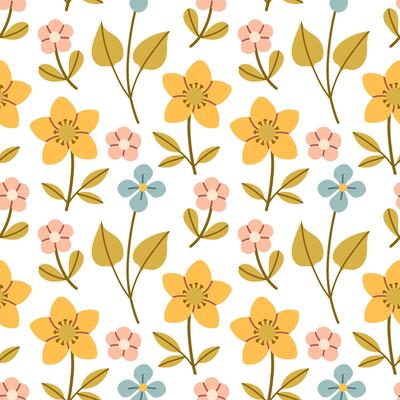 Spring flower pattern on white background. Flower flat pattern. Flower background. Perfect for fabric, textile, wallpaper, decor, print or packaging of products.